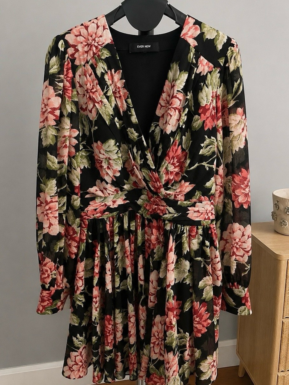 Ever New Black Floral Long Sleeve Mini Dress | Size 6